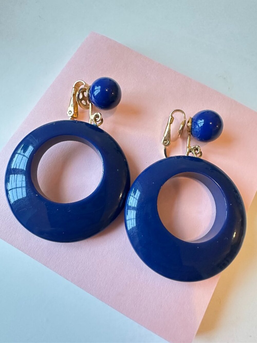 Trifari Navy Blue Geometric Dangle Clip-On Earrings 1970s 1980s